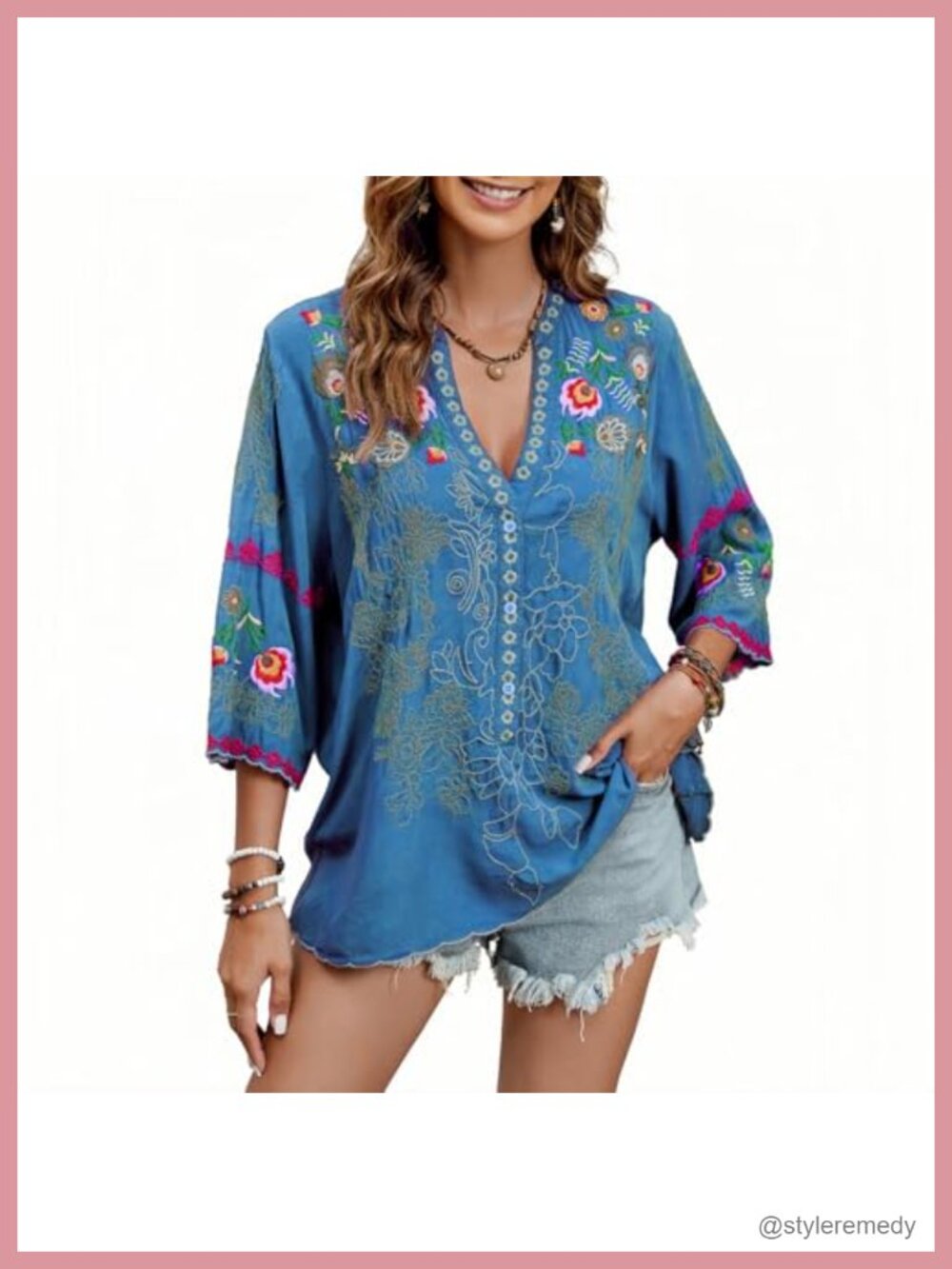 Women's Embroidered Peasant Blouse 3/4 Sleeve V Neck Tunic Top